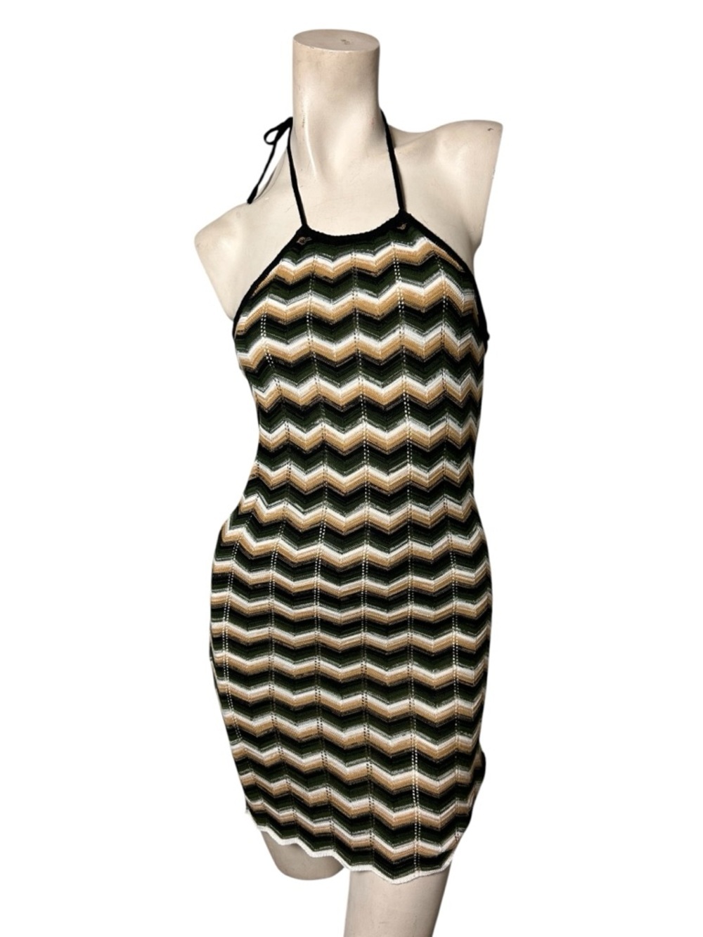 Forever 21 Knit Halter Mini Dress Chevron Striped Bodycon Boho Y2K Size Small